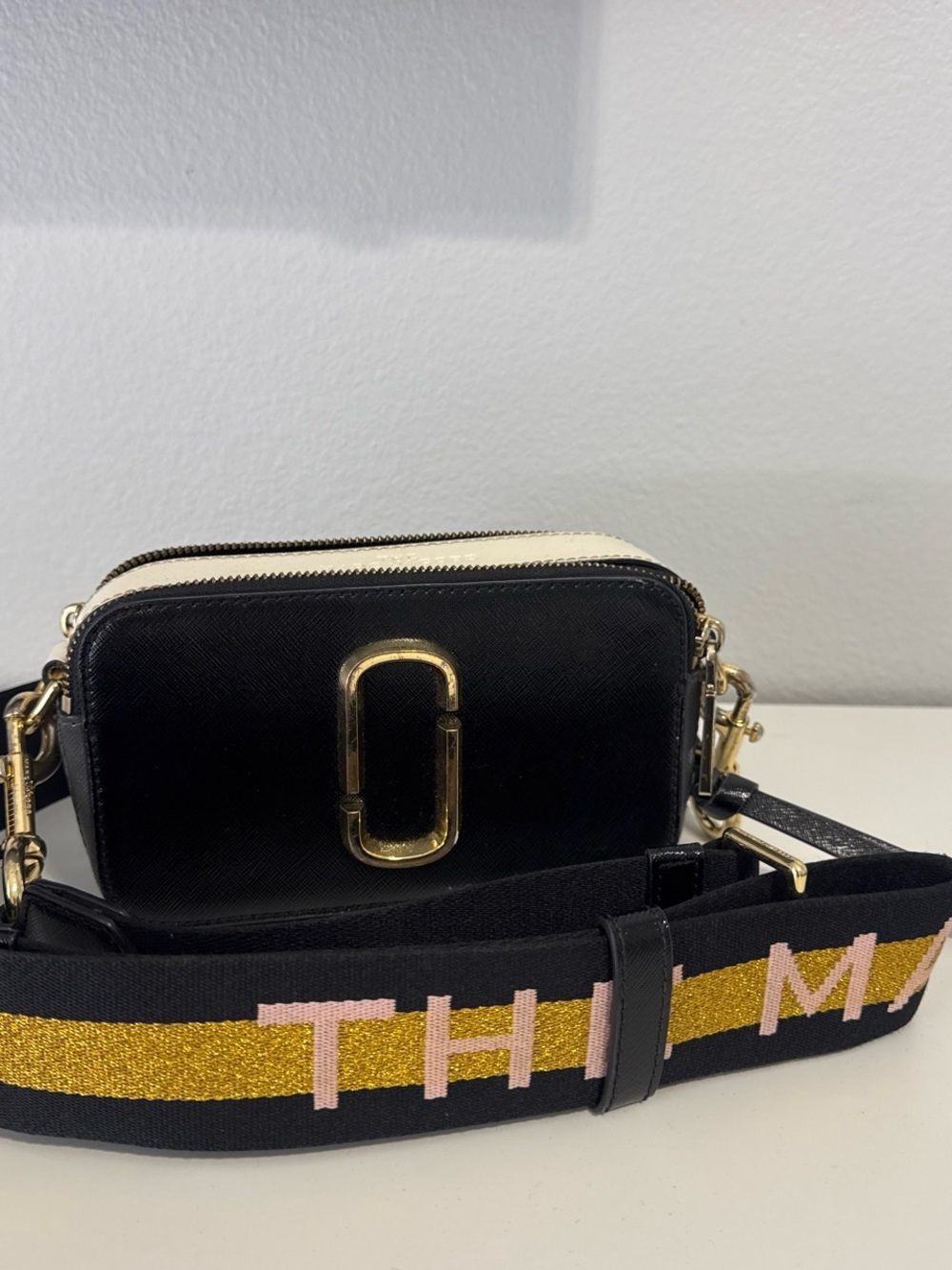 Marc Jacobs Black and Ivory Crossbody with Gold Hardware and Embroidered Strap